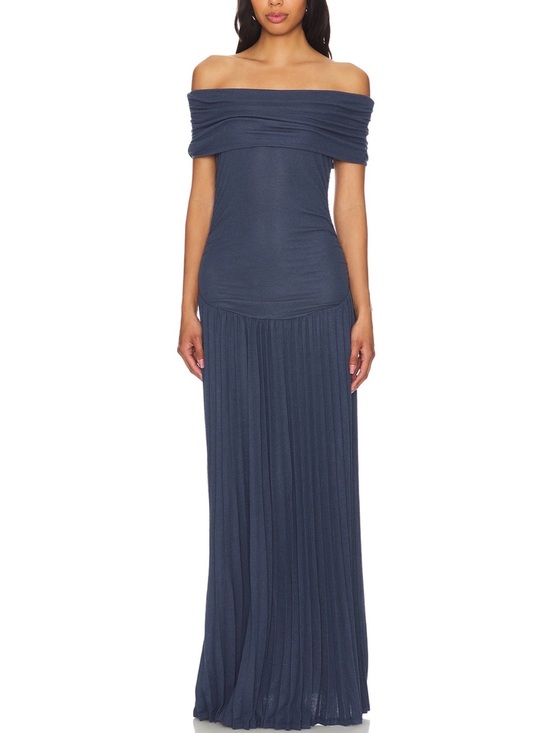 Lioness Dresses & Skirts - Lioness Off-Shoulder Navy Pleated Maxi Gown